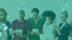 Camera panning, six team checking phones, animated map scrolling across screens for business review. Coworking, collaboration, colleagues, modern, professional, digital, data - Powered by Shutterstock - Get 15% off with code: PIKWIZARD15