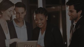 Team tapping tablet and reviewing, watching holo circuitry forming TECH overlay for tech demo. Collaboration, colleagues, office, hologram, circuits, futuristic, engagement - Powered by Shutterstock - Get 15% off with code: PIKWIZARD15