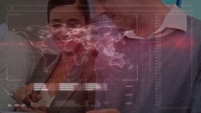 Business team gathering by tablet, woman presenting man pointing HUD pulsing reviewing laptop data. Collaboration, globe, overlay, professionals, office, insight, briefing - Powered by Shutterstock - Get 15% off with code: PIKWIZARD15