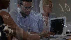 Left colleague leaning and pointing at screen, team typing and analyzing tech world map HUD. Collaboration, analytics, data, visualization, monitor, laptop, tablet - Powered by Shutterstock - Get 15% off with code: PIKWIZARD15