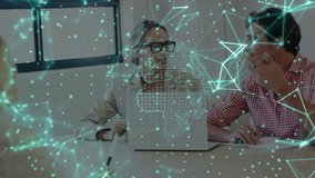 Woman and man sitting at tech table, man gesturing starting globe aligning over laptop showing data. Colleagues, collaboration, boardroom, digital, overlay, connectivity, discussion - Powered by Shutterstock - Get 15% off with code: PIKWIZARD15