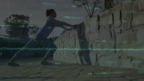 Woman approaching wall planting hands holding lunge for fitness while waveform and globe responding. Stretch, mobility, outdoor, plaza, overlay, digital, daylight - Powered by Shutterstock - Get 15% off with code: PIKWIZARD15