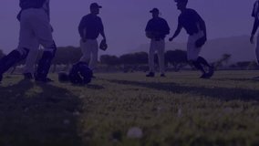 Six male players running and cheering across field after scoring, HUD radar gauges tracking metrics. Baseball, team, celebration, outdoor, turf, caps, gloves - Powered by Shutterstock - Get 15% off with code: PIKWIZARD15