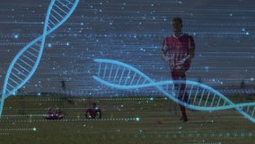 Soccer player starting run across pitch while animated DNA helix scrolling over player for analysis. Athletic, grass, outdoor, training, focus, motion, augmented - Powered by Shutterstock - Get 15% off with code: PIKWIZARD15