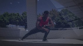 Man tapping wrist device, moving from side lunge to low squat on platform, HUD tracking fitness. Athlete, outdoor, plaza, workout, wearable, technology, urban - Powered by Shutterstock - Get 15% off with code: PIKWIZARD15