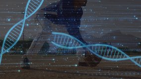 Pitcher striding into windup releasing ball delivering baseball pitch while DNA helix overlaying. Throwing, glove, uniform, cap, diamond, infield, outfield - Powered by Shutterstock - Get 15% off with code: PIKWIZARD15