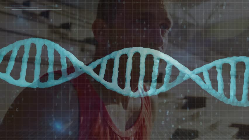 Man appearing on clear screen watching overlay activating, tilting helix and code for biotech. Holographic, dna, grid, reflection, digital, interface, visualization - Powered by Shutterstock - Get 15% off with code: PIKWIZARD15