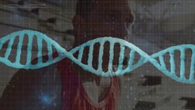 Man appearing on clear screen watching overlay activating, tilting helix and code for biotech. Holographic, dna, grid, reflection, digital, interface, visualization - Powered by Shutterstock - Get 15% off with code: PIKWIZARD15