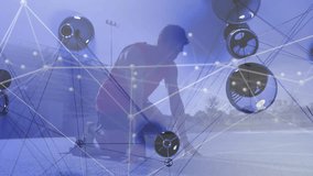 Male exerciser moving hands and tensing leg, shifting into sports sprint stance with 3D net overlay. Athletic, outdoor, field, motion, futuristic, holographic, digital - Powered by Shutterstock - Get 15% off with code: PIKWIZARD15