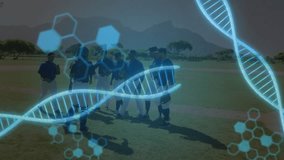 Baseball players huddling on grass field, animated DNA overlay appearing, showing sports data. Athletic, teammates, outdoor, park, futuristic, glowing, graphics - Powered by Shutterstock - Get 15% off with code: PIKWIZARD15