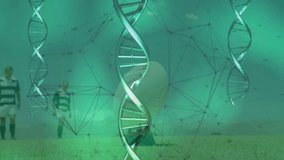 Athletes walking on field, causing science overlay with center DNA rotating as players hiding helix. Pitch, outdoor, group, teamwork, graphics, network, futuristic - Powered by Shutterstock - Get 15% off with code: PIKWIZARD15