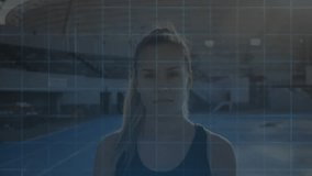 Woman standing on blue court, grid appearing then turning into HUD scanning athlete metrics. Holographic, overlay, circuitry, globe, charts, data, futuristic - Powered by Shutterstock - Get 15% off with code: PIKWIZARD15