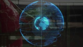 woman reflection initiating 3D globe rotating on glass, tech UI charts shifting rings for analysis. Holographic, projection, sphere, worldmap, dashboard, display, blue - Powered by Shutterstock - Get 15% off with code: PIKWIZARD15