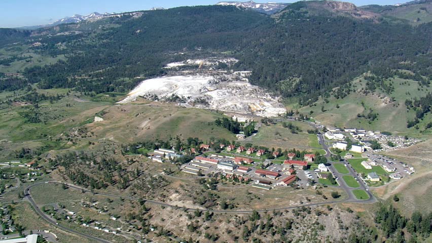 Aerial view of Mammoth Hot Springs and Fort Yellowstone in Yellowstone National Park