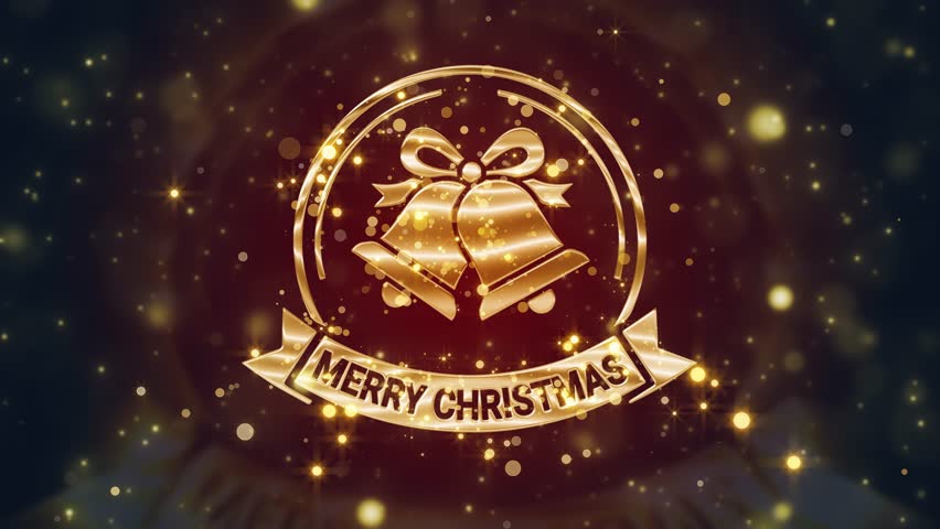 Elegant gold Christmas badge with glowing bells tied in a bow, shiny round frame and festive “Merry Christmas” banner. Perfect for holiday cards, invitations and end-of-year celebration branding