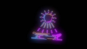 Vibrant neon animation of a skateboard under a shining sun, glowing in purple, pink, blue, and yellow tones on a dark background. This dynamic design represents summer, youth, freedom, and street life - Powered by Shutterstock - Get 15% off with code: PIKWIZARD15
