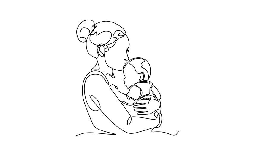 Animated self drawing of continuous line draw woman hold her baby. Happy Mother day concept. Full length one line animation. 4K	
