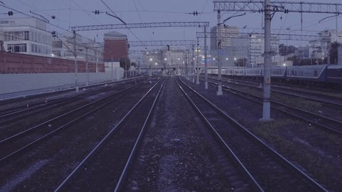 Drone Flight over Railway Tracks City Dusk