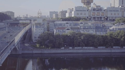 Drone Flying above Urban Bridge City Traffic