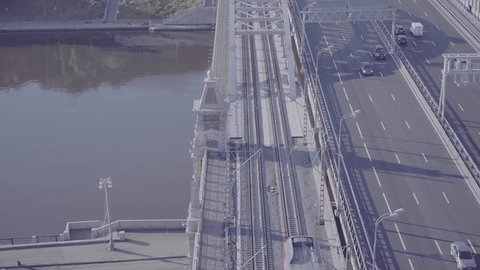 Drone Aerial View of Andreevsky Bridge and Train over Moscow River