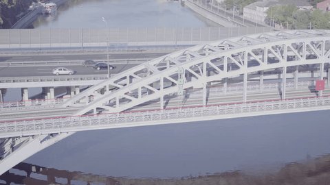 Modern Metal Bridge Railway Tracks over River
