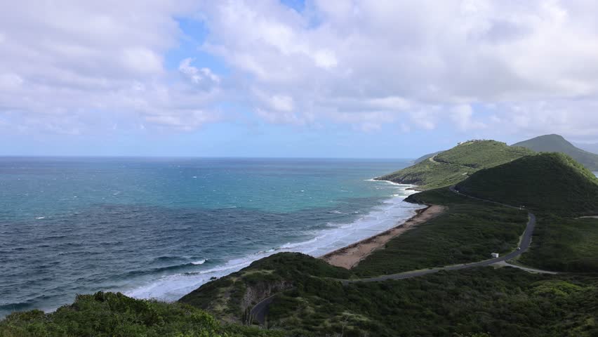 Panoramic view on Timothy Hill lookout of Saint Kitts and Nevis Caribbean island on cruise vacation