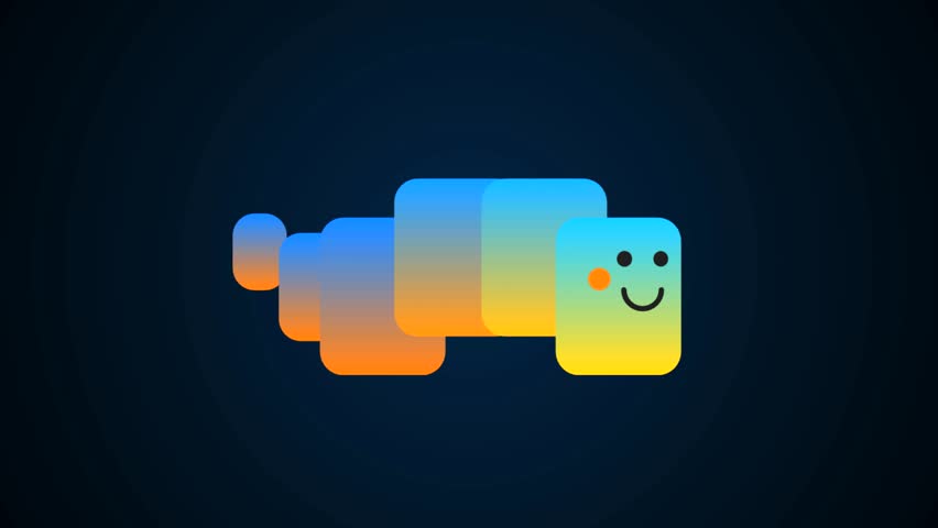 Cute and abstract caterpillar or worm logo animation with a gradient color scheme and happy face. Simple and playful design on a dark background, perfect for kids