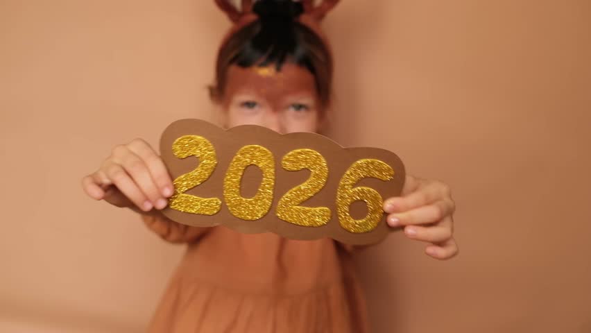 A child in a brown horse costume with a painted face holds the numbers 2026.