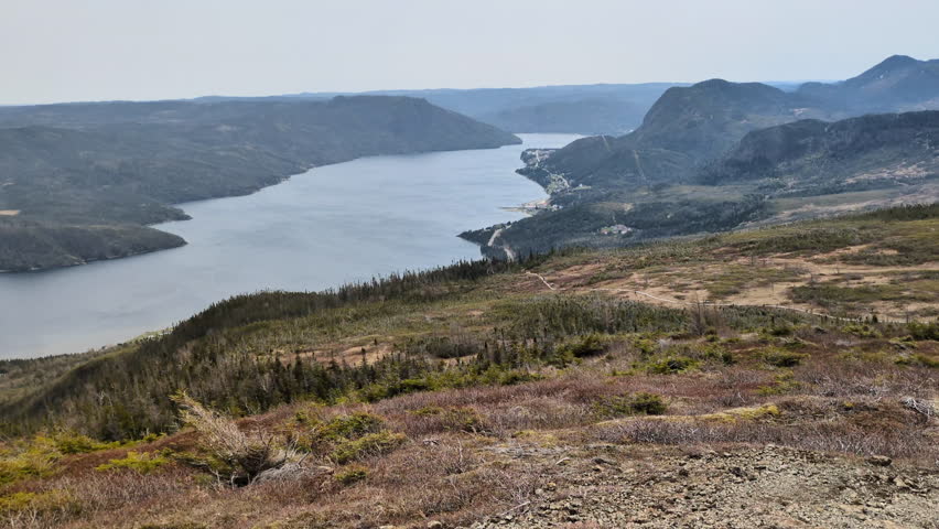 The summit of the Lookout Hills Trail with a view on the south arm of the Bonne Bay fjord in the Gros Morne National Park (Woody Point, Newfoundland, Canada)