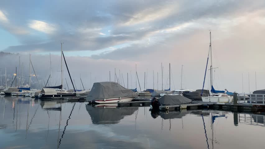 Yachts on Lake Zug in the fog, Switzerland, Zugersee