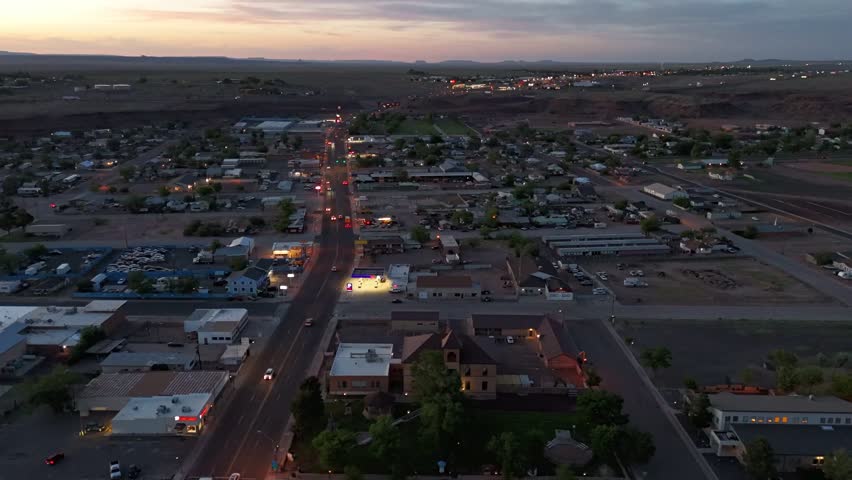 Aerial landscape of western desert scenery on historic route 66 at sunset in Holbrook Arizona AZ USA