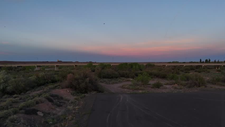 Aerial landscape of western desert scenery on historic route 66 at sunset in Holbrook Arizona AZ USA