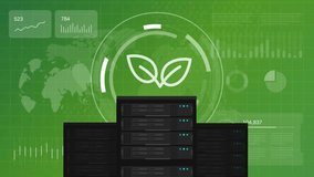 Green server farm sustainable information technology and eco friendly data center operations shows data flow around energy efficient servers with a plant icon - Powered by Shutterstock - Get 15% off with code: PIKWIZARD15
