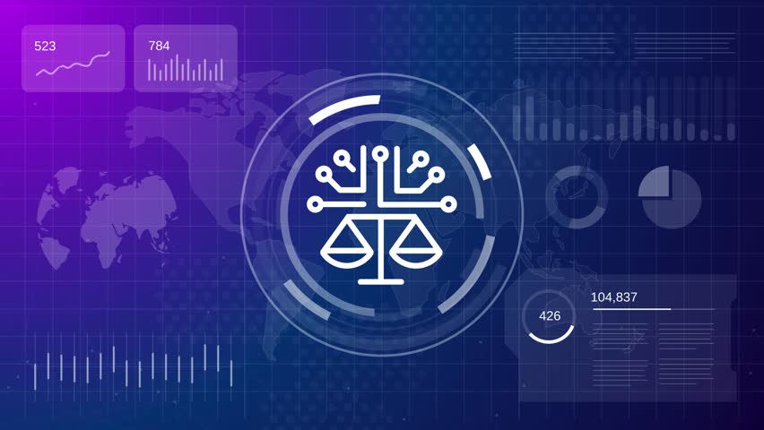 Technology law and justice balance scale integrated with circuit board representing legal regulation data governance ethics privacy and security