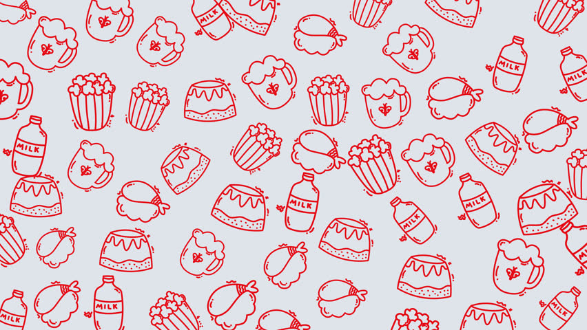 Sweet Treats Seamless Pattern Animation: Hand-Drawn Red Outline Doodle of Popcorn, Layered Cake, Ice Cream, and Milk Bottle Graphics on Light Background for Food and Snack Advertising, Dessert Menus - Powered by Shutterstock - Get 15% off with code: PIKWIZARD15