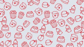 Sweet Treats Seamless Pattern Animation: Hand-Drawn Red Outline Doodle of Popcorn, Layered Cake, Ice Cream, and Milk Bottle Graphics on Light Background for Food and Snack Advertising, Dessert Menus - Powered by Shutterstock - Get 15% off with code: PIKWIZARD15