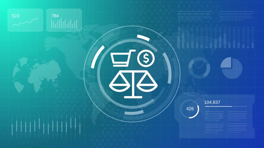 E commerce law and regulation digital shopping cart currency symbol balance scale representing legal framework consumer rights protection and fair trade