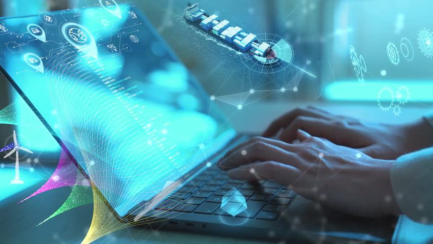 Hands typing on laptop with futuristic Big data cargo container ship showing global shipping logistics, AI integration, and big data analytics in smart supply chain and maritime transportation. - Powered by Shutterstock - Get 15% off with code: PIKWIZARD15
