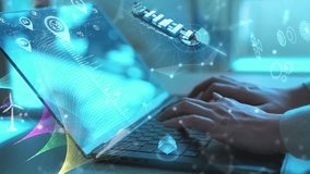 Hands typing on laptop with futuristic Big data cargo container ship showing global shipping logistics, AI integration, and big data analytics in smart supply chain and maritime transportation. - Powered by Shutterstock - Get 15% off with code: PIKWIZARD15