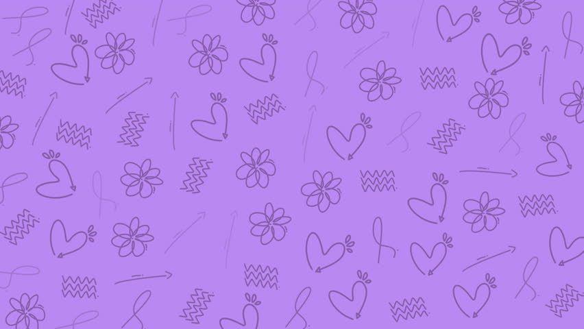 Background featuring various hand drawn doodles like flowers, hearts, and others in purple color. Suitable for feminine designs or romantic themes.