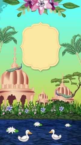 A tranquil illustration featuring a lakeside temple, ducks swimming in the water, and floral decorations, creating a peaceful and inviting scene.