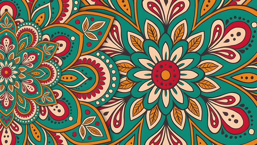 Animation background featuring colorful ornamental mandala designs on the left side, with dark, vibrant, and light themes, perfect for motion graphics, presentations, and creative video projects.