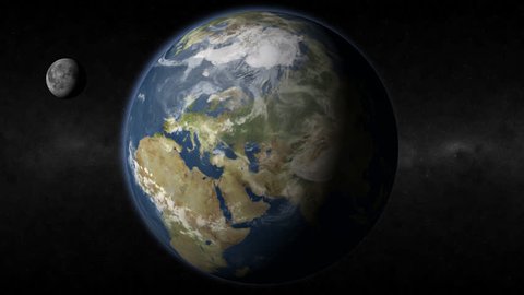 This HD realistic earth revolves slowly showing Europe and the moon.