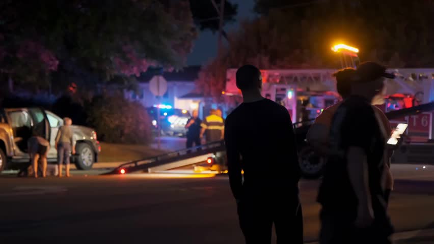 Police Car with Emergency Lights and People on City Street at Night in Naperville, Capturing Urban Scene and Public Safety