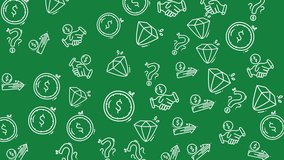 Investment and Value Seamless Pattern Animation: White Hand-Drawn Doodle of Dollar Coins, Handshakes, Diamonds, and Question Marks on a Vibrant Green Background for Financial Markets and Business  - Powered by Shutterstock - Get 15% off with code: PIKWIZARD15