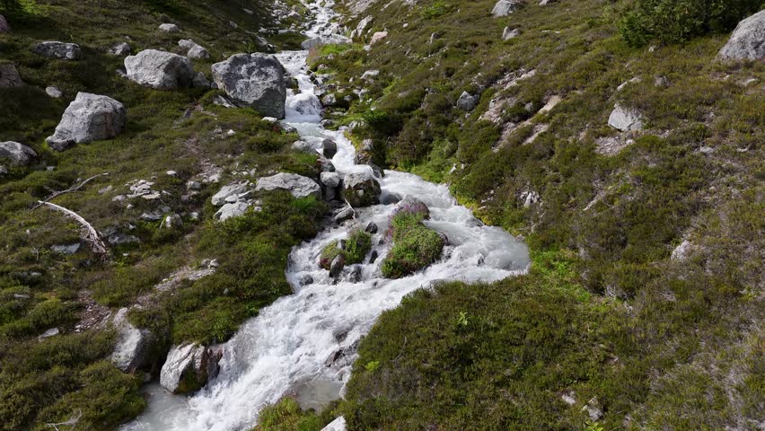Mountain Stream Cascading Down a Rocky Green Hillside in British Columbia, Canada