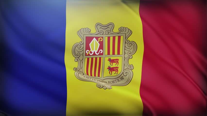 Andorra flag waving. The country's national flag features vertical bands of blue, yellow, and red with the coat of arms in the center. The motto reads "Virtus Unita Fortior".