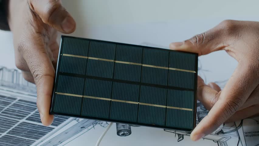 Close-up of hands of an African American executive or engineer examining a solar battery model with technical drawings on a desk.