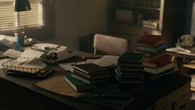 No-people shot of a cluttered desk with books and a vintage typewriter in a midcentury-style study room of a writer or journalist. - Powered by Shutterstock - Get 15% off with code: PIKWIZARD15