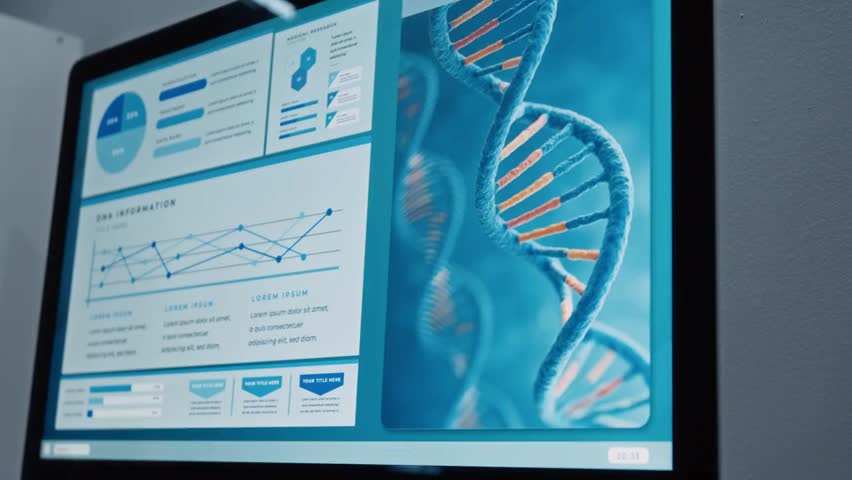 Close-up of a computer screen showing a spinning double DNA strand on a blue background during a research presentation in a genetics laboratory. - Powered by Shutterstock - Get 15% off with code: PIKWIZARD15